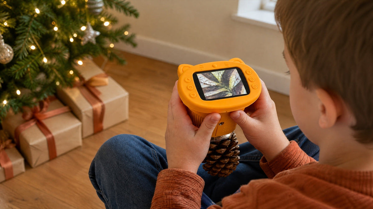 Enfant au pied du sapin de Noël qui observe une pomme de pin avec son microscope Kideo jaune Image
