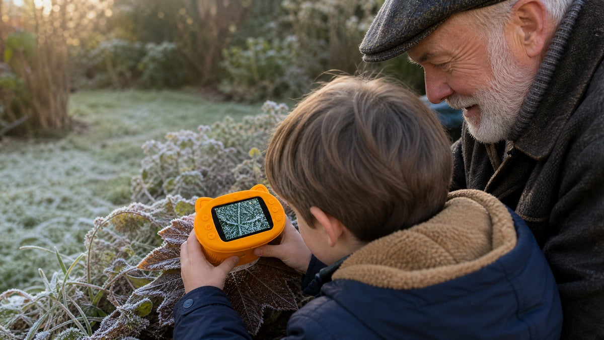 Un grand-père et son petit-fils observent une feuille givrée avec le microscope Kideo jaune