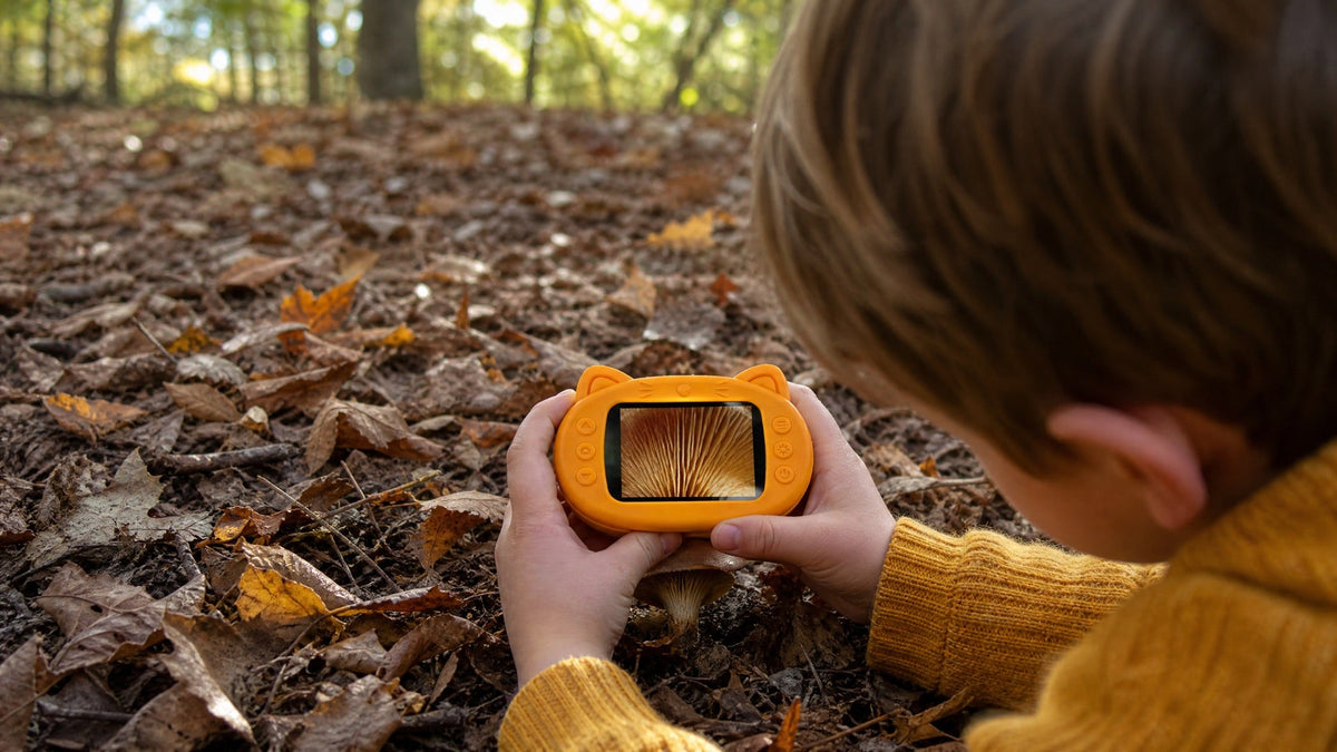 A child lying in the fallen leaves, observing a mushroom through the yellow Kideo microscope