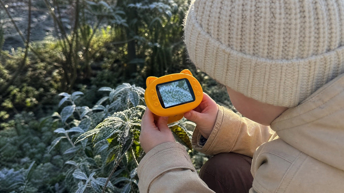 Enfant dans un jardin givré qui observe une feuille couverte de givre avec le microscope Kideo Image