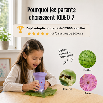 Fillette qui observe une feuille avec son microscope violet Kideo