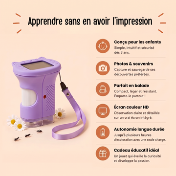 Microscope enfant violet avec sa coque chat et sa dragonne, à côté de fourmis et de marguerites