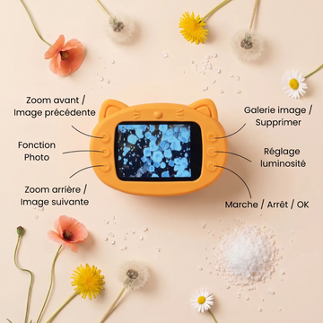 Écran du microscope enfant dans sa coque chat et ses boutons : zoom, photo, galerie, luminosité, marche/arrêt