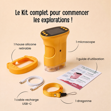 Contenu du colis : microscope, coque chat en silicone, câble USB-C, dragonne et guide d'utilisation