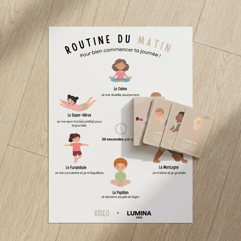 Kideo yoga cards placed on the morning routine poster