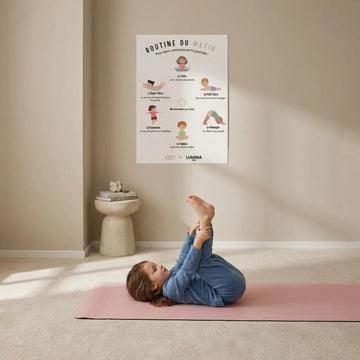 Morning routine poster hanging on the wall, child doing yoga