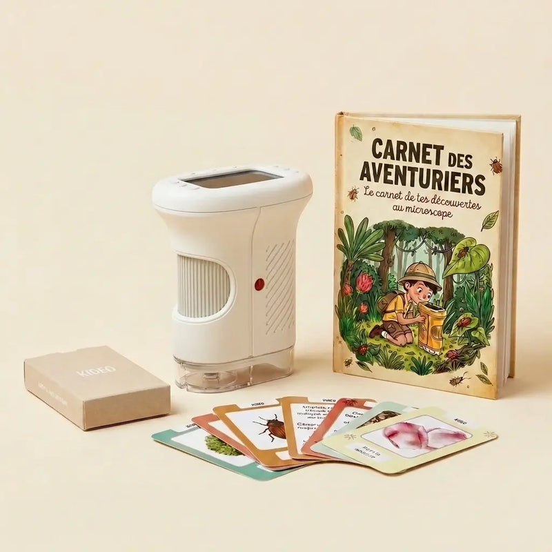 Microscope, notebook, and cards