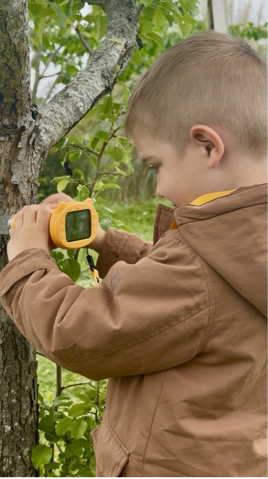 Un enfant observe l'écorce d'un arbre avec le microscope Image