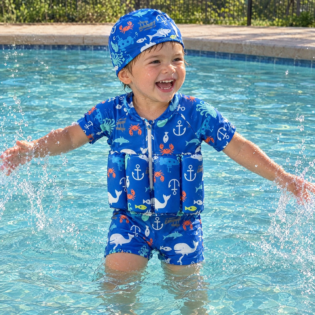 Child in the pool wearing the blue SafePlouf wetsuit