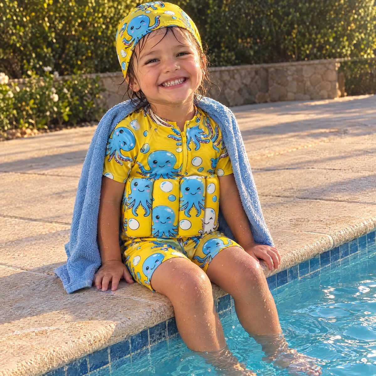 Child by the pool wearing a yellow SafePlouf swimsuit